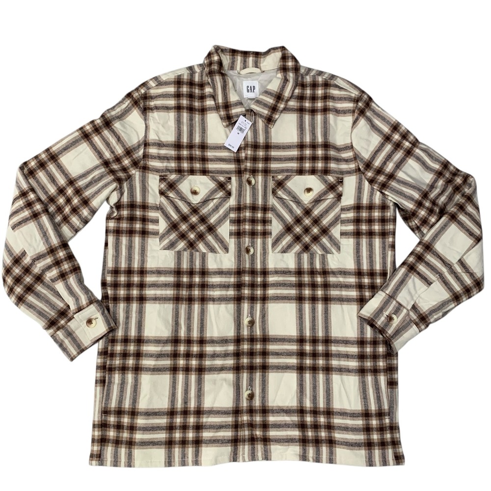 GAP Plaid Quilted Shirt Jacket Shacket Mens M‎ Brown Cream NWT New MSRP $99